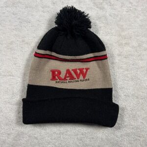 RAW Natural Rolling Papers Beanie Hat Black‎ Tan Red Striped Pom Pom Knit Cap